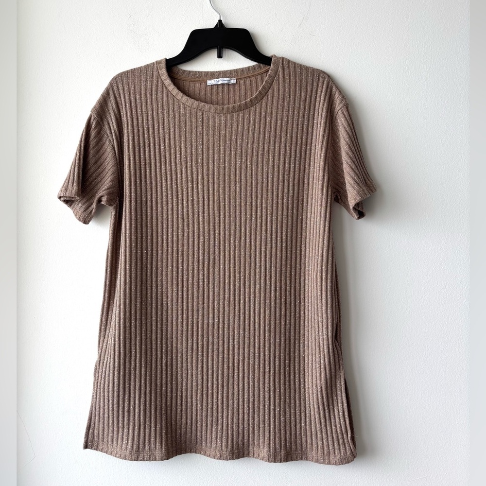 Zara Trafaluc Top Ribbed Knit Gold Sparkle Short Sleeve Womens M Glam Boho